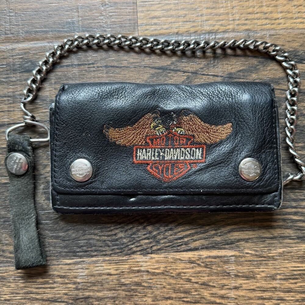 Vintage Harley-Davidson Eagle Chain Wallet Black Leather Embroidered Wallet